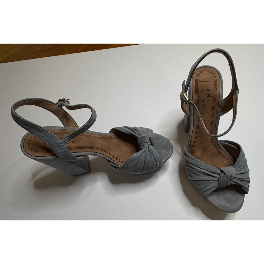 Shu Shop Blue Grey Faux Suede Knotted Platform Block Heel Sandals Womens 7/12 - Picture 3 of 9